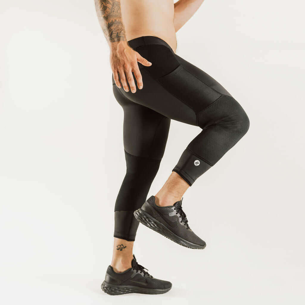 Black 7/8 thermal base layer leggings with knee support band and smooth compression fit