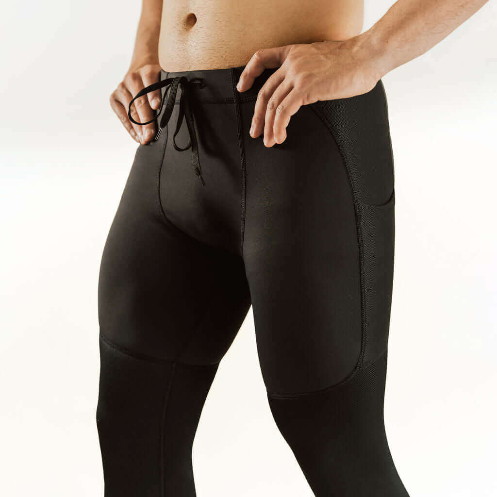 Black 7/8 thermal base layer leggings with drawstring waistband and knee support