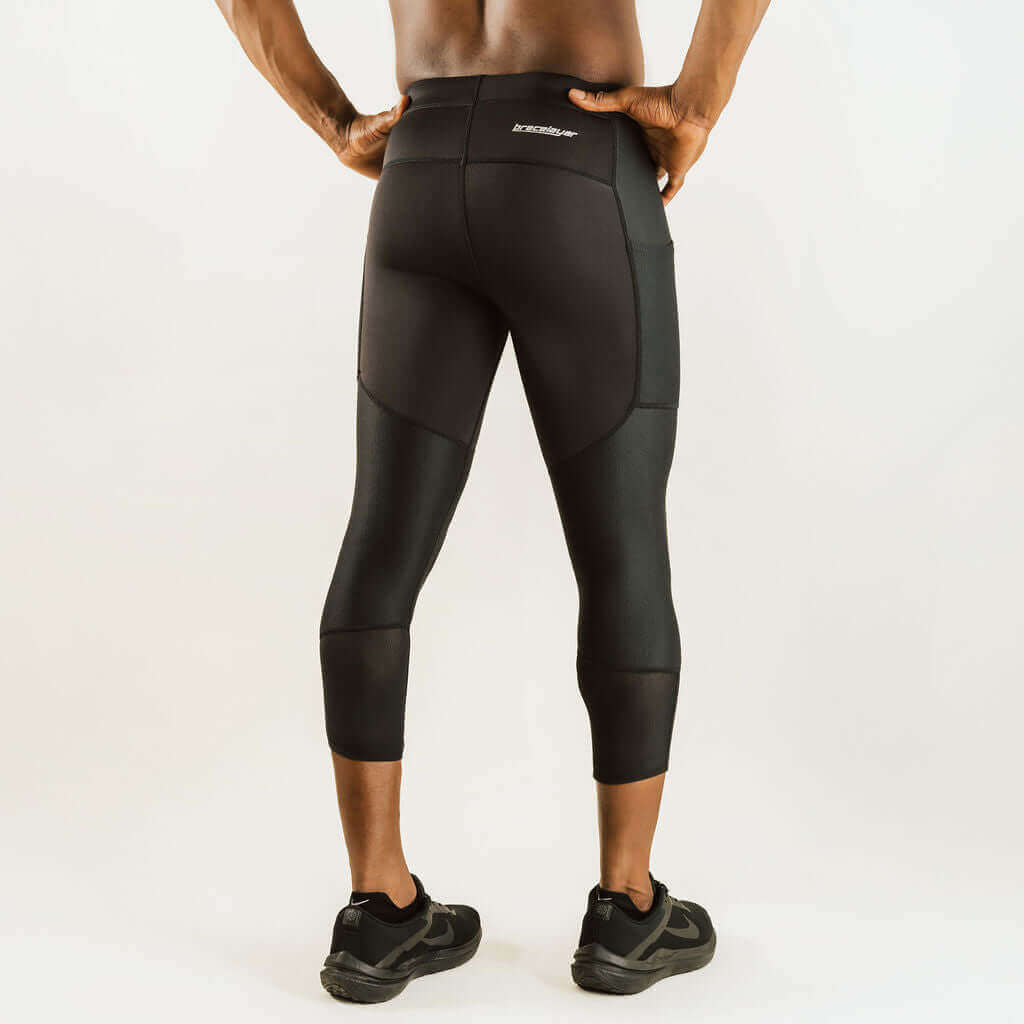 Men's knee support compression pants, 7/8 length, black with segmented support panels