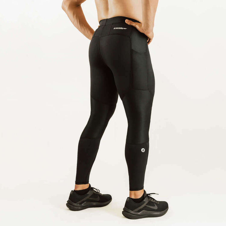 Men's knee support compression pants, dark black style with padded knee sections