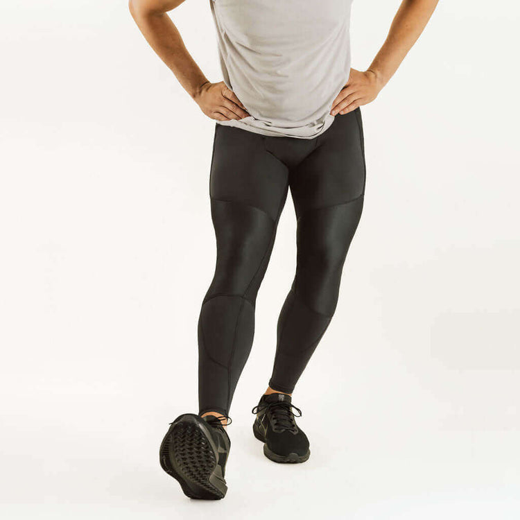 Men's knee support compression pants, dark fit with cushioned knee panels