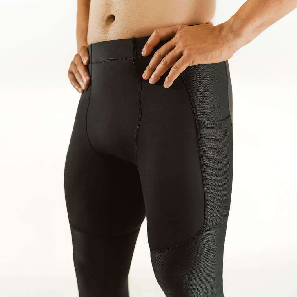Men's knee support compression pants with elastic waistband and knee padding