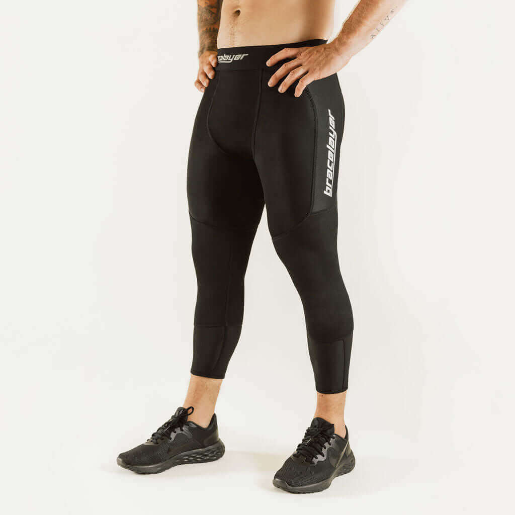 KXV 7/8 knee support compression pants, black, vertical side logo, athletic fit
