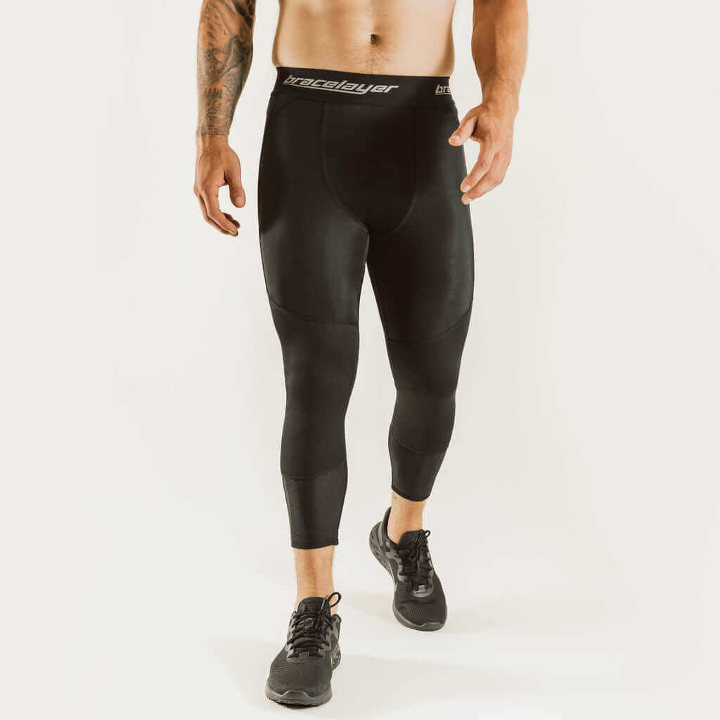 KXV 7/8 knee support compression pants, black, back view with contoured knee support