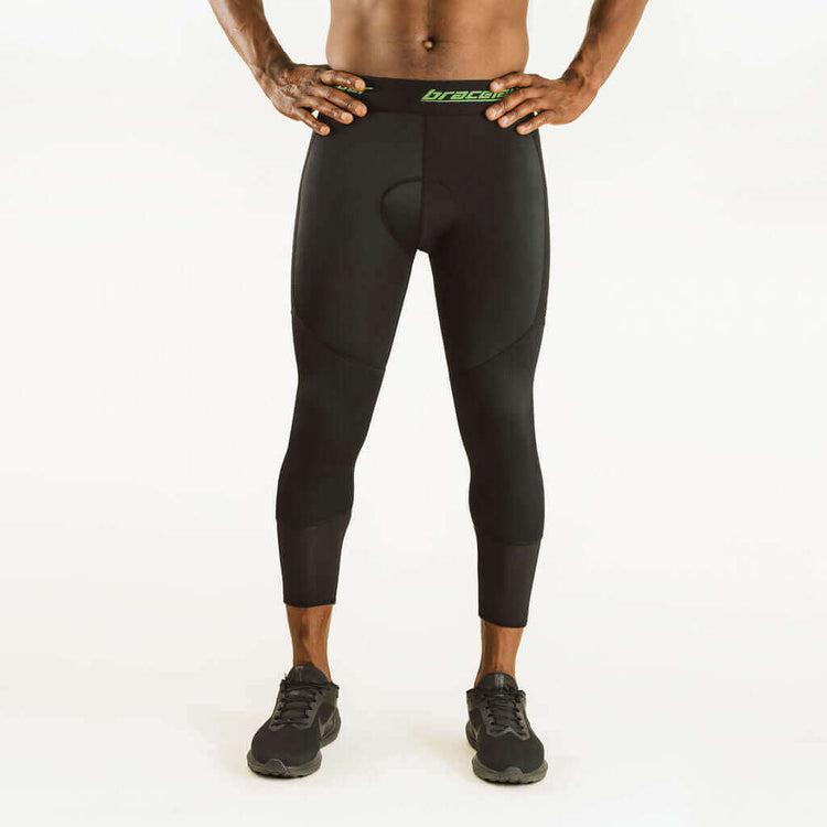 7/8 cycling compression pants with knee support, black rear view with logo