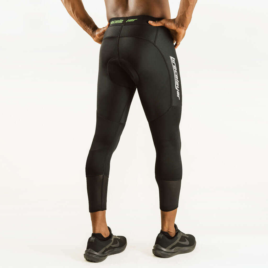 7/8 cycling compression pants with knee support, black with green logo waistband