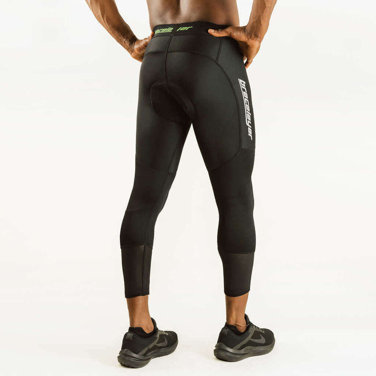 7/8 cycling compression pants with knee support, black with green logo waistband
