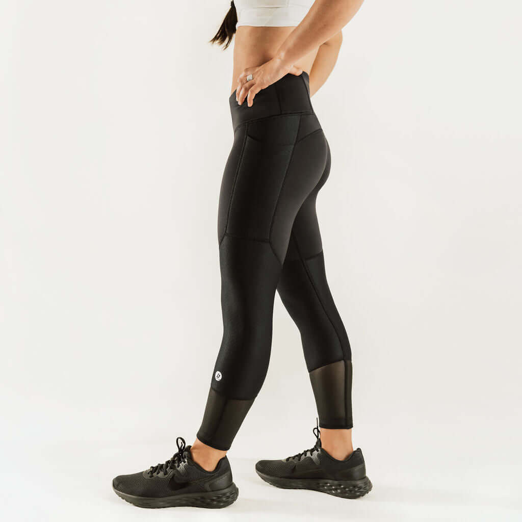 Black 7/8 compression pants with side panels and small knee branding