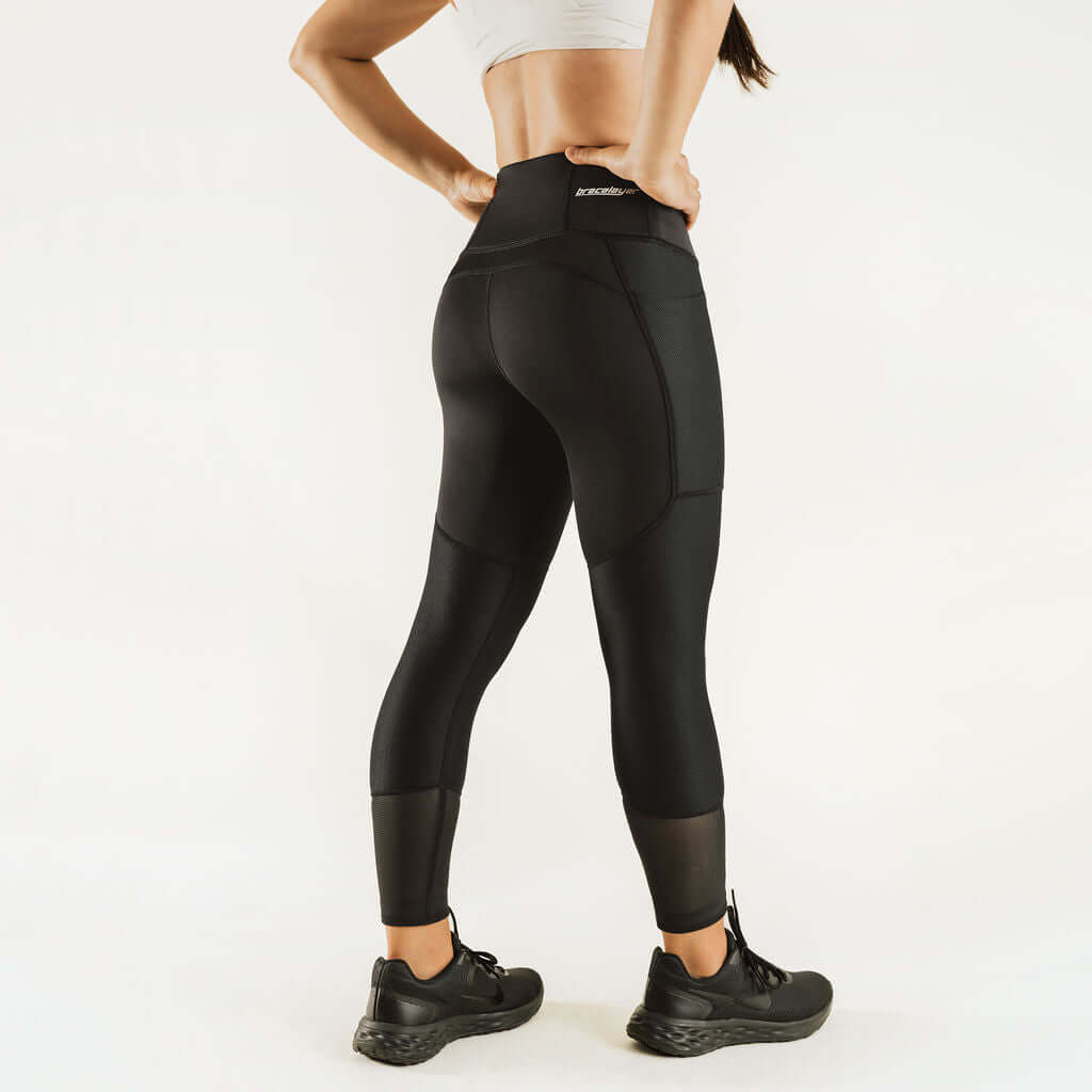 Black 7/8 compression pants with front contour panels and ankle-length cuffs