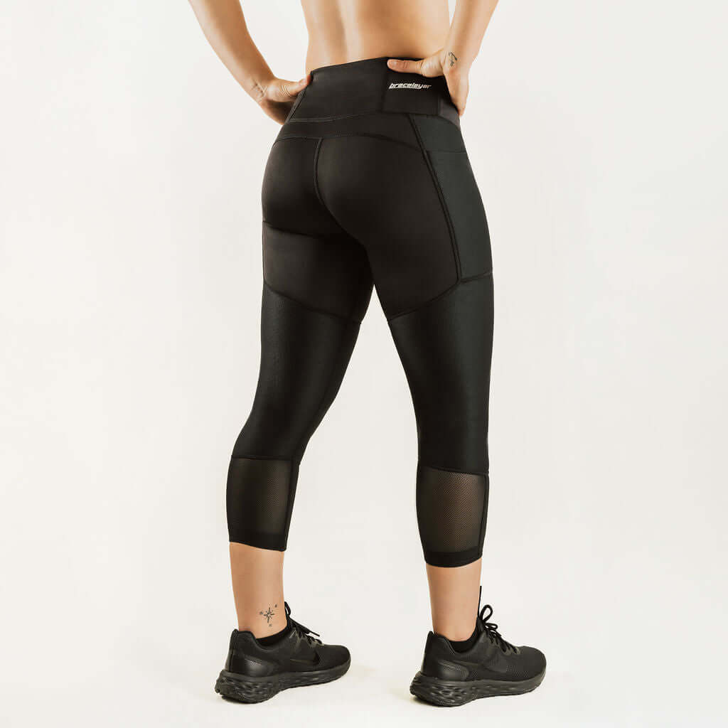 Black 7/8 compression support pants with rear seam and knee panel sections