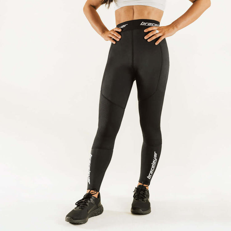 Black compression knee support pants with front panel shaping and vertical leg logo.