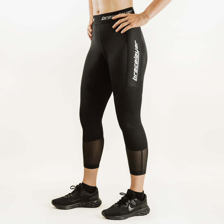 Black 7/8 compression knee support pants with bracelayer logo on thigh